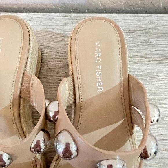 Marc Fisher 6.5 Jalyn Sandals Nude Silver Studs Espadrille Platform Wedge Slides - Picture 10 of 13